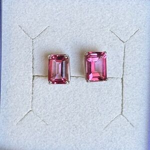 10k Pink Sapphire Emerald Cut Stud Earrings